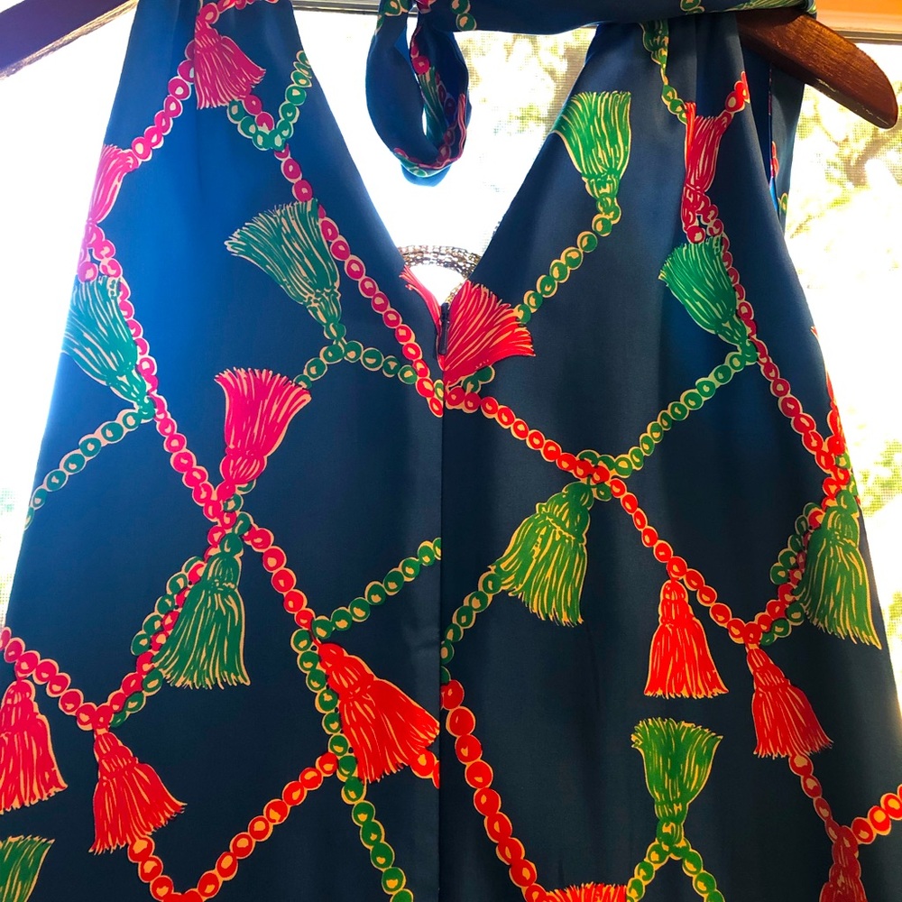 Lilly Pulitzer 100% silk blue and pink tassel dress with gold neckline + pockets